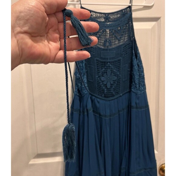 FREE PEOPLE Womens Lace Teal Blue Emily Mini Dress Large Beachy Boho Festival - Picture 6 of 11